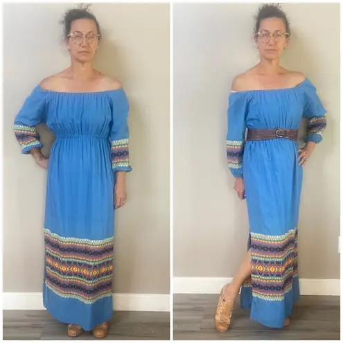 Vintage Southwest Navajo embroidered off shoulder cotton peasant sleeve … Blue Size undefined