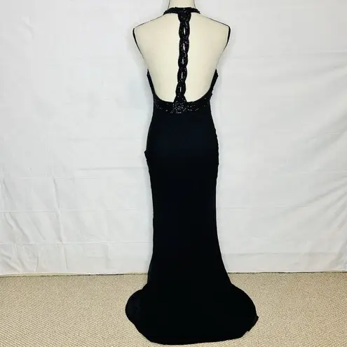 Cache  Silk Gown Dress Women's Size 8 Black Beaded Halter Neck Vintage