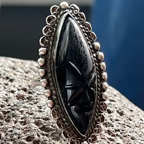 Taxco Mexican Mask 925 Sterling Silver Aztec Mayan Inca Face Tribal Large Ring Black
