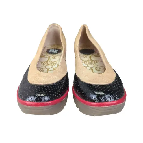 Fly London Yoko Wedge Platform Shoes Womens 39 8-8.5 Black Beige Leather Comfort