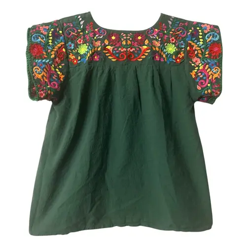 Mexican Embroidered Top S Green Puff Sleeve 100% Cotton Traditional Fiesta Artsy