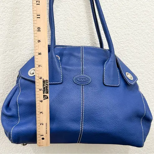 TOD’S Blue Pebbled Leather Contrast Stitch Button Snap Closure Satchel Crossbody