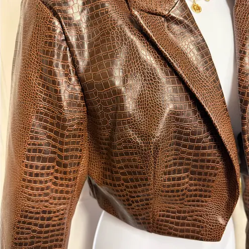 Missguided Faux Leather Croc Print Brown Cropped Jacket Street Style Size 4