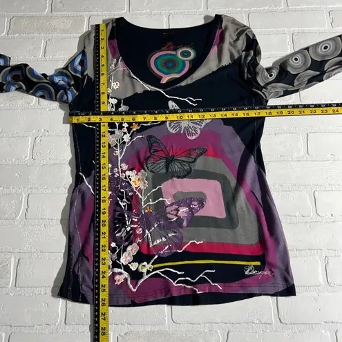 Desigual Top Womens Medium Black Multicolor Floral Butterfly V-Neck Art To Wear