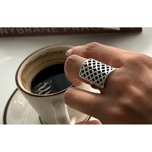 Boutique Solid Statement Ring White Gold Plated Sterling Adjustable Lattice Wide Band‎