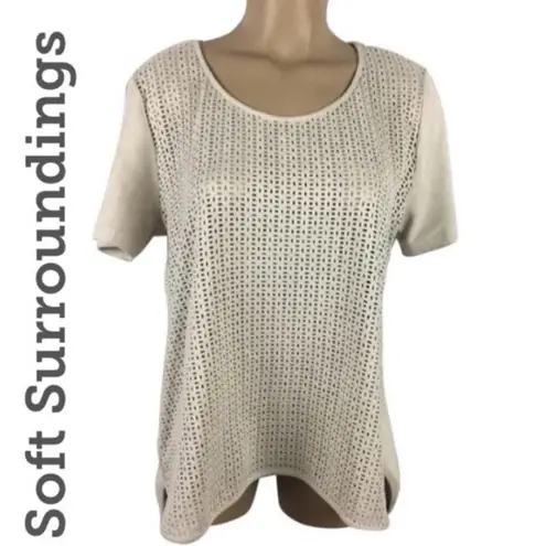Soft Surroundings Tan Faux Suede Laser Cut Short Sleeve Top M