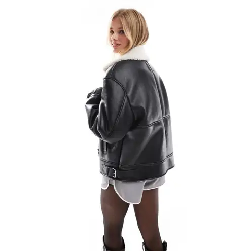 Bershka Shearling Trim Aviator Jacket in Black (X-SMALL)