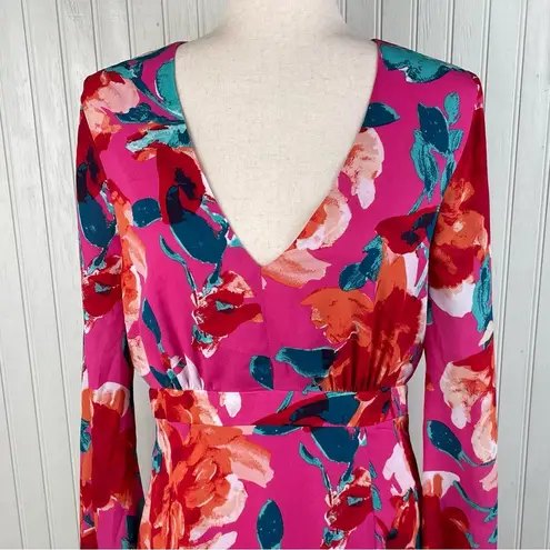 Lulus Carolita Magenta Floral Print Long Sleeve Maxi Dress Size Medium Side Slit Pink
