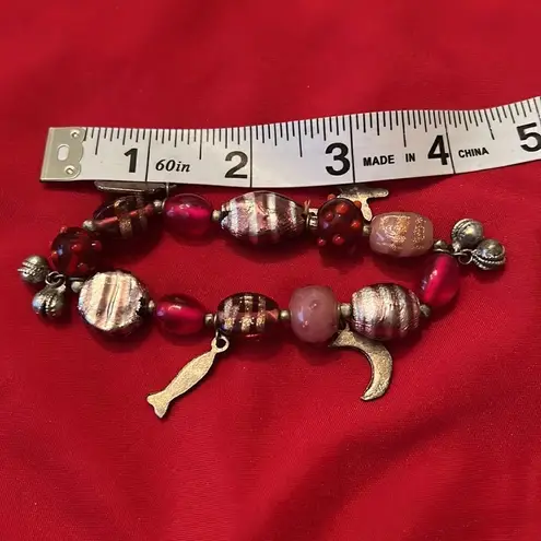 Red silver & pink beads with silver bells moon star fish square adornments EUC