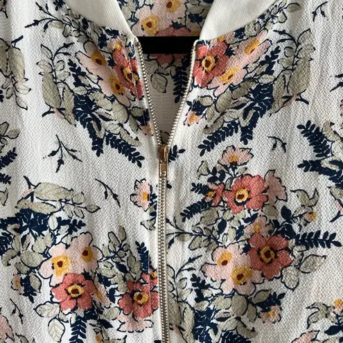 Floral Bomber Zip Up Lightweight Jacket XL White Stretchy Knit Casual Spring