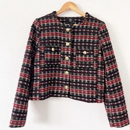 House Of Harlow 1960 Tweed Cropped Gold Button Blazer in Red & Black Size M