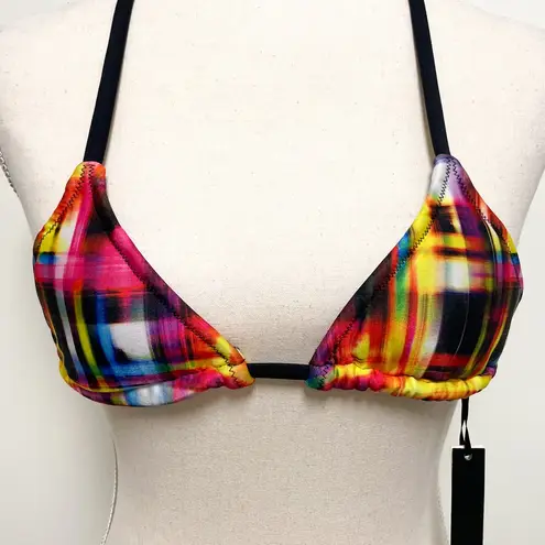 Ola Vida Blurred Geometric Plaid Sliding Triangle Halter Bikini Top NWT Small Black - Image 2