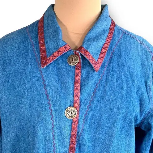 Vintage 90s Denim Jacket Pink Trim Medium Wash Floral Printed Shacket Large Blue