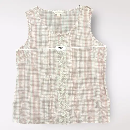 April Cornell Linen Tank L Pink White Plaid Sleeveless Boho Cottagecore Size L