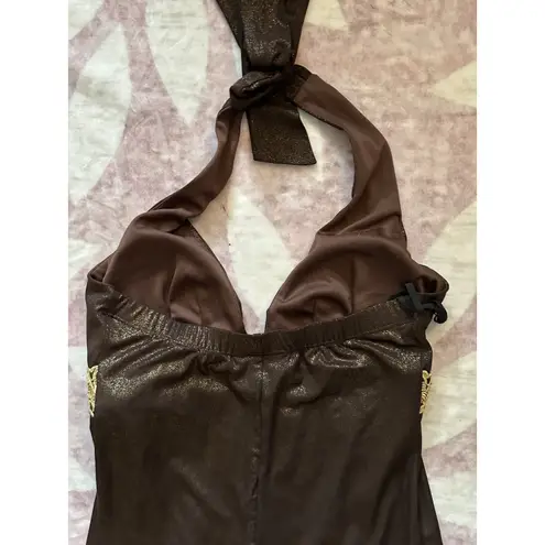 Vtg Babydoll Halter Dress 90s Y2K Forest Fairy Grunge Brown Gold Shimmer Size 6