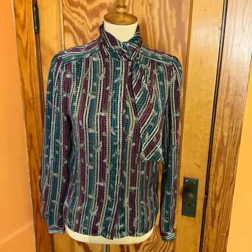 Vtg 70s stripes n paisleys unique neck tie blouse