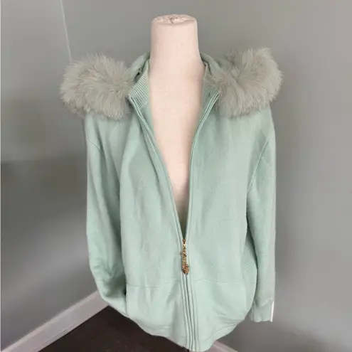 St. John Vintage/Rare Mint Green Cashmere Hooded Cardigan With Fox Fur Trim sz L - Image 3