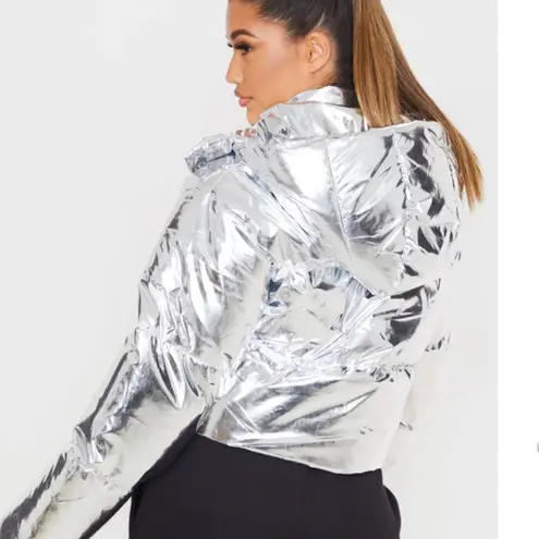 Pretty Little Thing  silver Metallic crop puffer jacket. Size 2