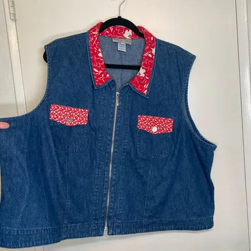 Vtg Stonebridge 90s Denim Vest Cropped Cottage Cabin Granny Cotton Plus Size 3X Blue