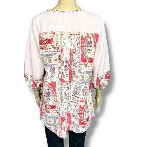 Flamingo Womens Peasant Top Blouse Shirt Stripes Paisley Floral V Neck Pink Med