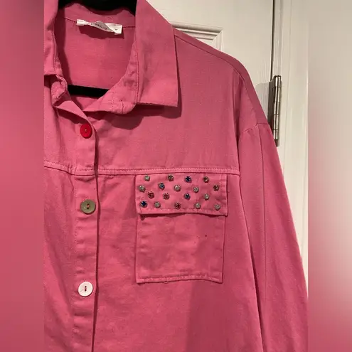 Pink City Size L Pink Bedazzled Pocket Long Sleeve Colorful Mixed Button Shirt Size L