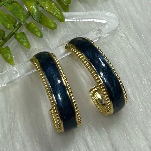 Vintage deep blue sparkles Gold tone hoop Earrings