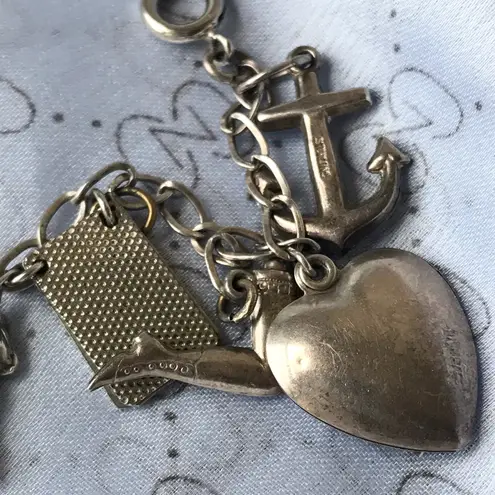 Vintage Sterling Silver Charm Bracelet, Heart Anchor Skates Ship, 7 Inch