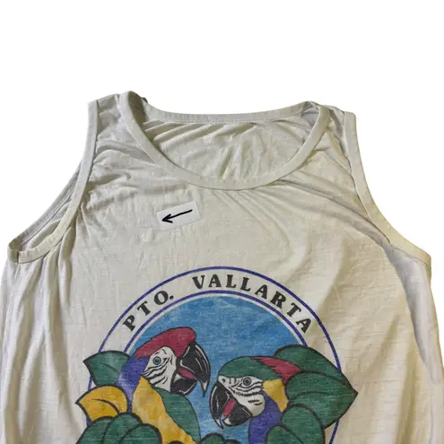 Womens Puerto Vallarta Tank Top Sleeveless Parrot Graphic Beige Sun Dress VTG Tan Size L