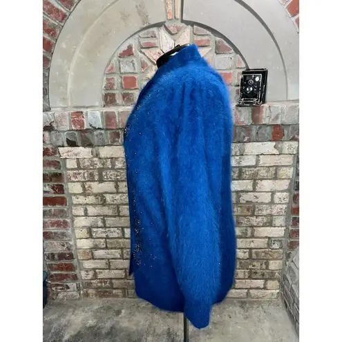 sweater coat fuzzy beaded sequin flower angora blue Size XL