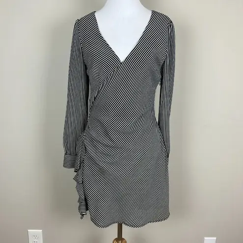 BB Dakota ‎ Dress Womens 4 Black White Striped Faux Wrap Mini Long Sleeve Ruffle