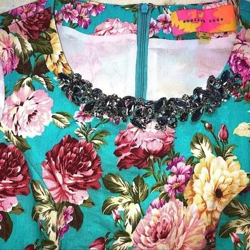 English Rose Dress Size M Juniors Jeweled Neckline Floral Blue Pink Sleeveless