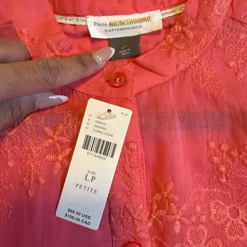 Anthropologie NWT Pilcro Embroidered Button Down Blouse Coral Petite LP Career # Pink Size undefined