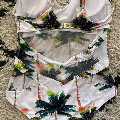 Womens Sexy V Neck Backless One Piece Coconut Palm Tree Print Swimsuit White Size XL