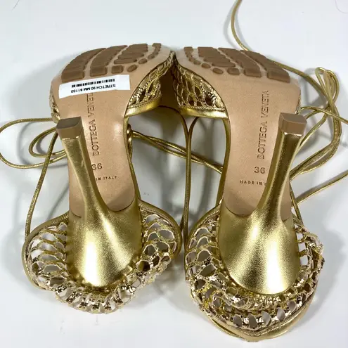 Bottega Veneta Stretch Ankle Wrap Square Toe Sandal Gold 36EU 6 651388V1BT1 NEW