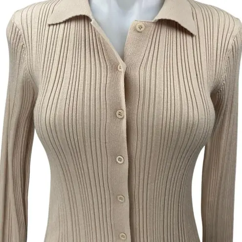 Et Clet NEW Tan Rib Knit Long Sleeve Button Down Mini Shirt Sweater Dress Size M