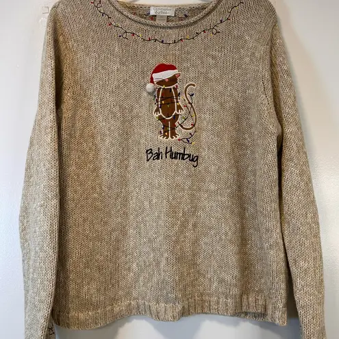 Christopher & Banks Beige Bah Humbug Holiday Sweater with Cat Design Women’s XL