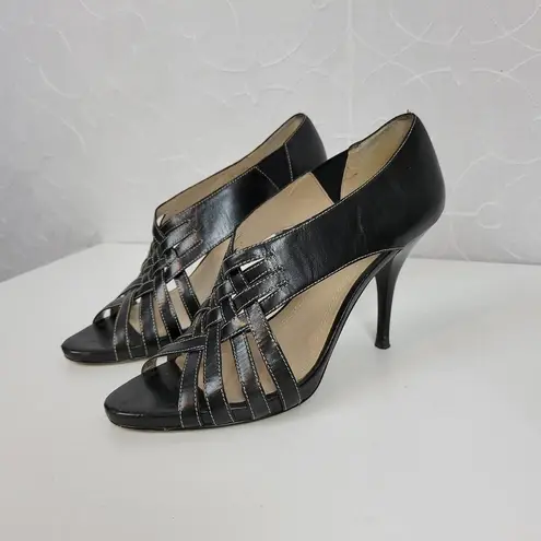 Ellen Tracy Ventura Womens Shoes Size 8 Black Leather Peep Toe Strappy Heels