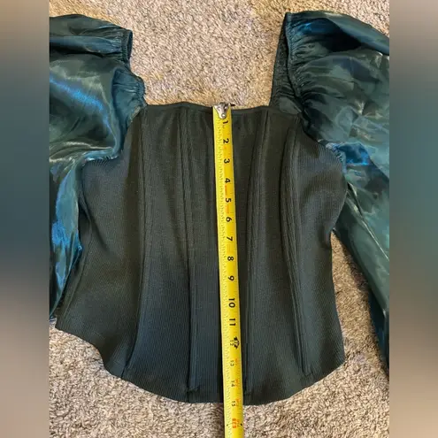 Oddi Oddy Womens Sheer Puff Sleeve Boned Ribbed Green Top Shirt Blouse NWT Size Large