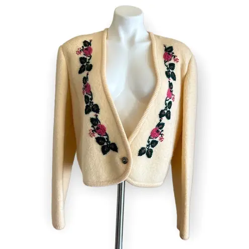 BRANDON Vintage Pure Virgin Wool Cropped Floral Embroidered Cardigan Size M Size M