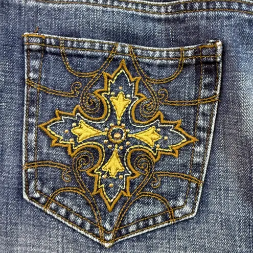 LEI Ashley Ultra Low Rise Embellished Pocket Denim Mini Skirt Size 9 Blue