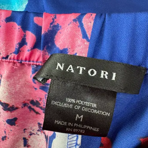 Natori Satin Blue Floral Tsubaki Knotch Long Sleeve Pajamas Shorts Set Medium