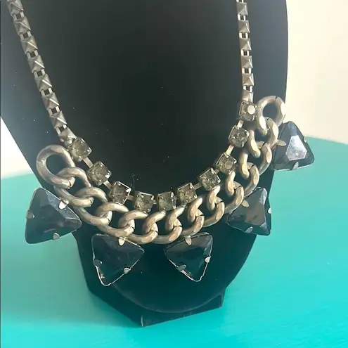 Chunky Statement Black Onyx Smoky Quartz Rhinestone Colored Gunmetal Necklace