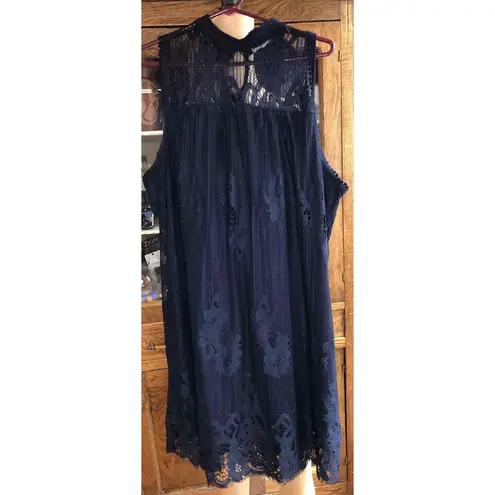 Maurice Navy Blue Lace overlay sheer at High Neck Sleeveless Dress XL
