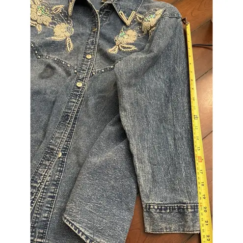 Vintage Club Z Acid Wash Denim Shirt 80s With Bedazzled Applique Detail Blue Size XL