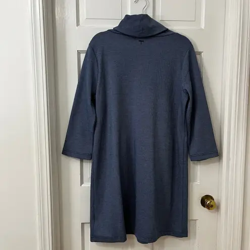 Tyler Boe Retro Lagenlook Blue Comfy Herringbone Funnel Neck 3/4 Sleeve Dress Lg