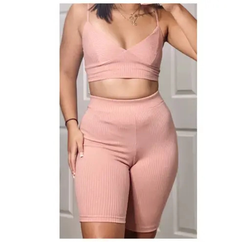 New Boutique Crop Top Biker Short Set Pink