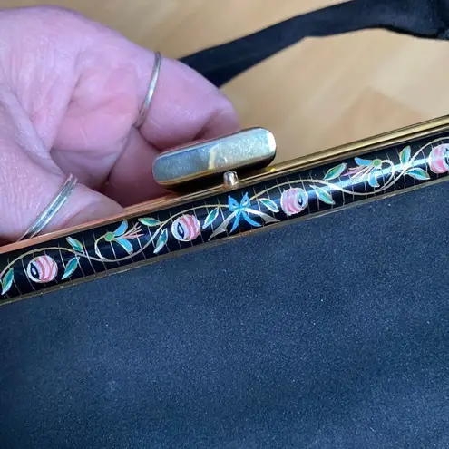 30s 40s Black Suede Evening Purse Handpainted Enamel & Gold VLV Vintage Art Deco