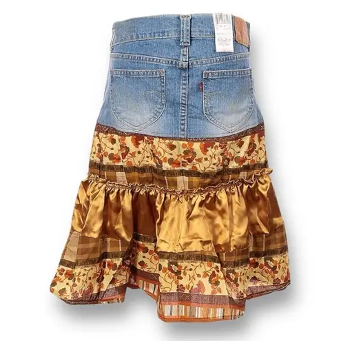 Levi's Vintage Levi’s Jean Skirt Orange Cream Floral Plaid Tiered Fabric Deadstock