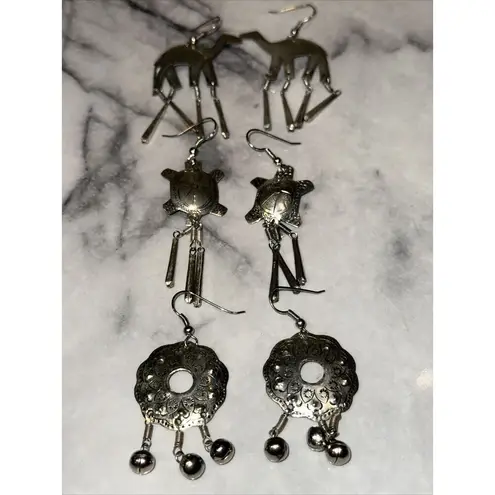 3 NEW Pair Silver Earrings Dangle Turtle Alpaca Llama Western Southwestern Boho