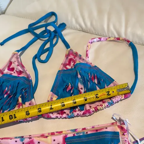 Women large Colorful Fringe triangle Bikini top side ties bottom hearts stitch Pink